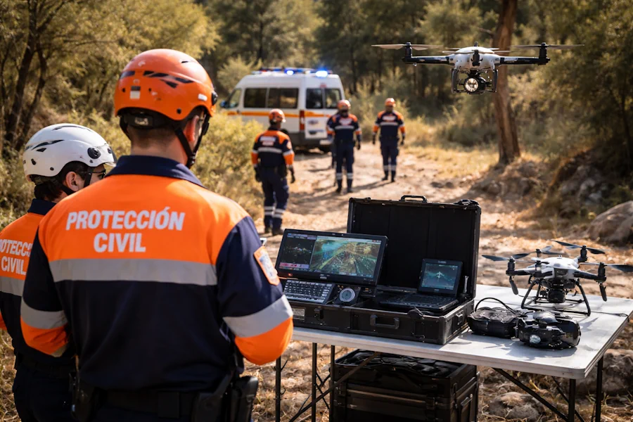 Jornada de formación en rescate con drones junto a Protección Civil. Miembros de Protección Civil operando drones